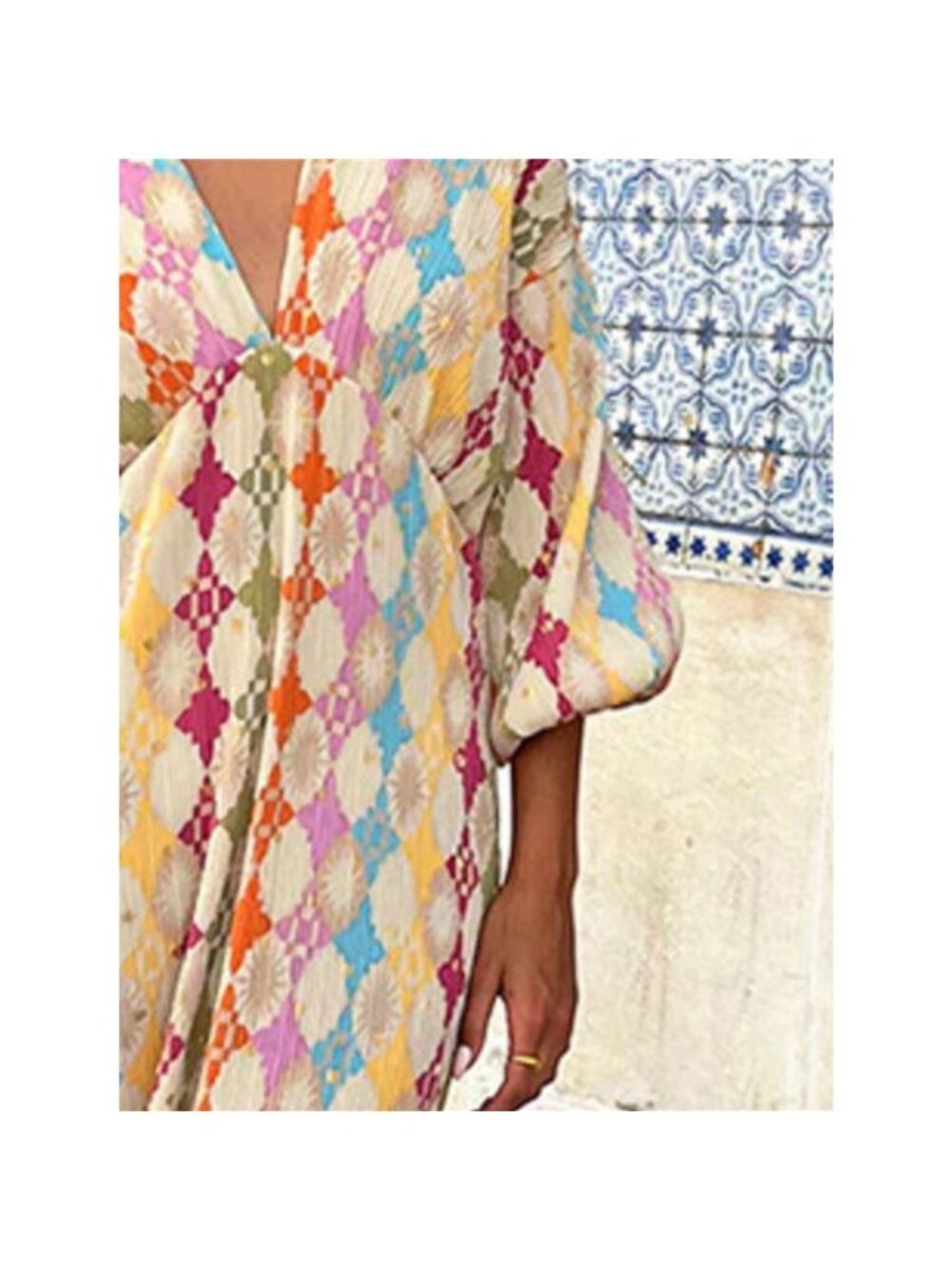 Full Size V-Neck Multi-Color Geometric Print Maxi Dress Plus Size